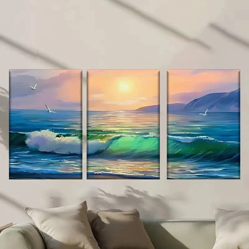3pcs Vibrant Ocean Wave & Sunset Wall Art Set Canvas Framed 60x90cm - High Quality Print 100% Australian Made Wall Canvas Ready to Hang