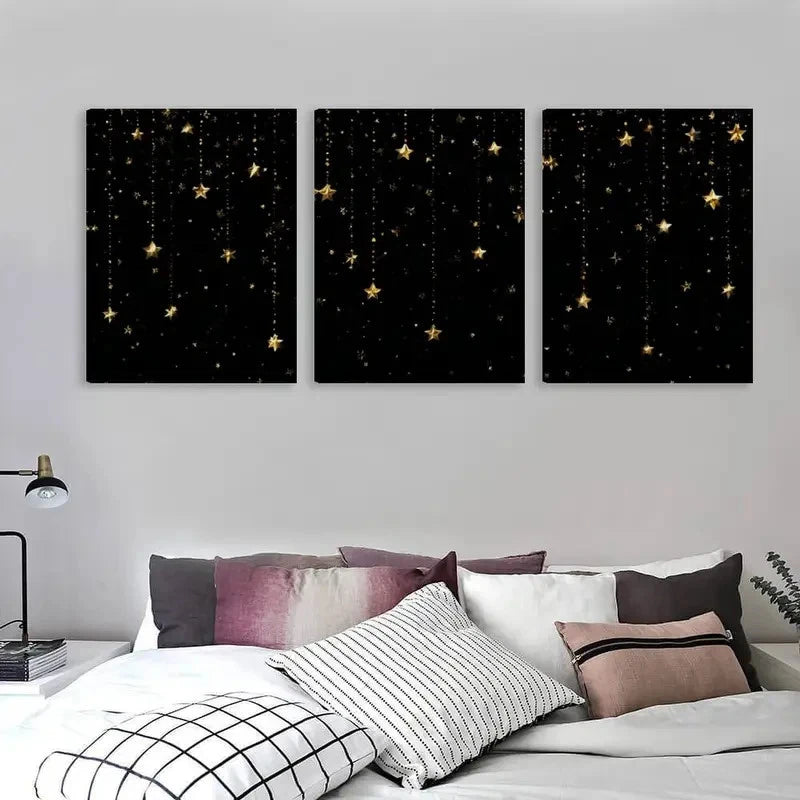 3pcs Golden stars falling on a black canvas Wall Art Set Canvas Framed 60x90cm - High Quality Print 100% Australian Made Wall Canvas Ready to Hang