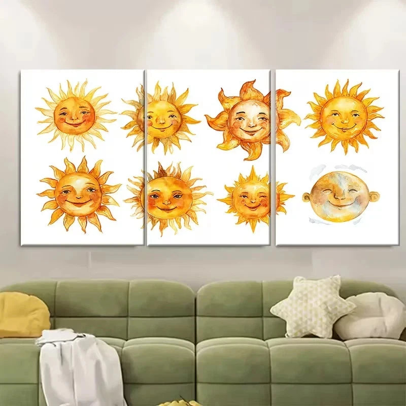3pcs Smiling Sun Watercolor Illustrations Wall Art Canvas Framed 50x70cm - High Quality Print 100% Australian Made Wall Canvas Ready to Hang