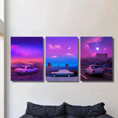 3pcs Classic Cars Moonlit Nights & Vibrant Skies Wall Art Canvas Unframed – High Quality Print 100% Australian Made Wall Canvas