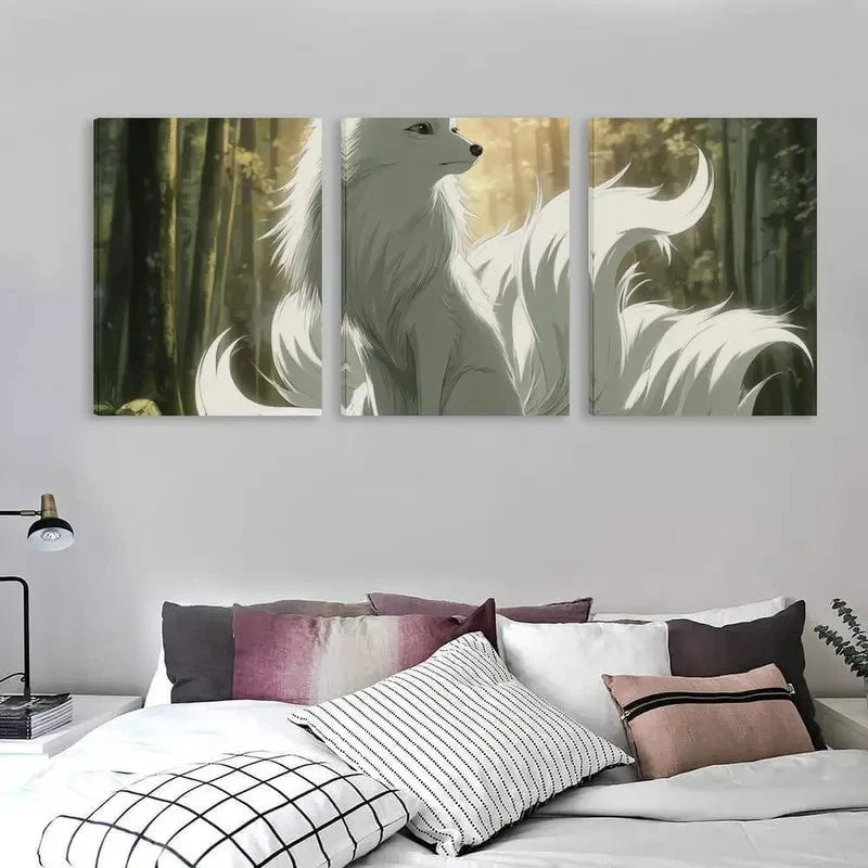 3pcs 9 Tailed White Fox with Forest Scene Wall Art Set Canvas Framed 60x90cm - High Quality Print 100% Australian Made Wall Canvas Ready to Hang
