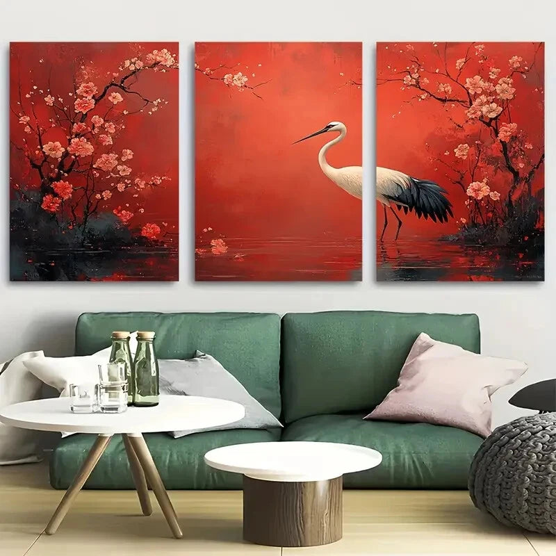 3pcs Beautiful Crane Flower Bird Perfect Wall Art Set Canvas Framed 40x60cm - High Quality Print 100% Australian Made Wall Canvas Ready to Hang