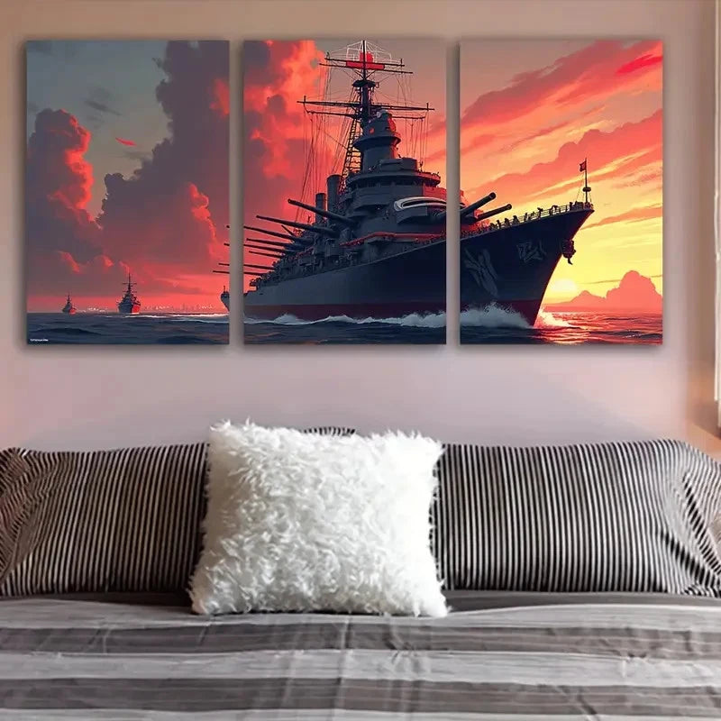 3pcs Warships At Sea Wall Art Set Canvas Framed 60x90cm - High Quality Print 100% Australian Made Wall Canvas Ready to Hang
