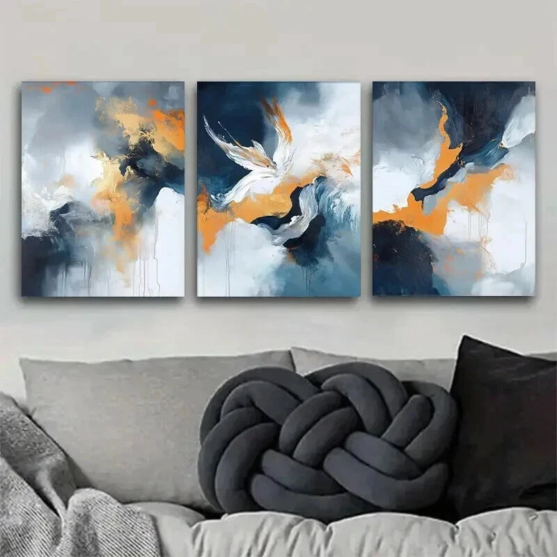 3pcs Blue White And Golden Fluid Paintings Wall Art Set Canvas Framed 40x60cm - High Quality Print 100% Australian Made Wall Canvas Ready to Hang