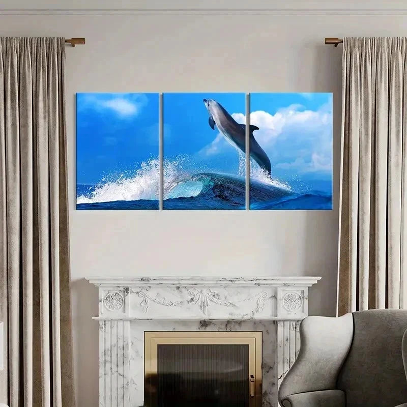 3pcs Dolphins Jumping Out Of The Sea Wall Art Set Canvas Framed 40x60cm - High Quality Print 100% Australian Made Wall Canvas Ready to Hang