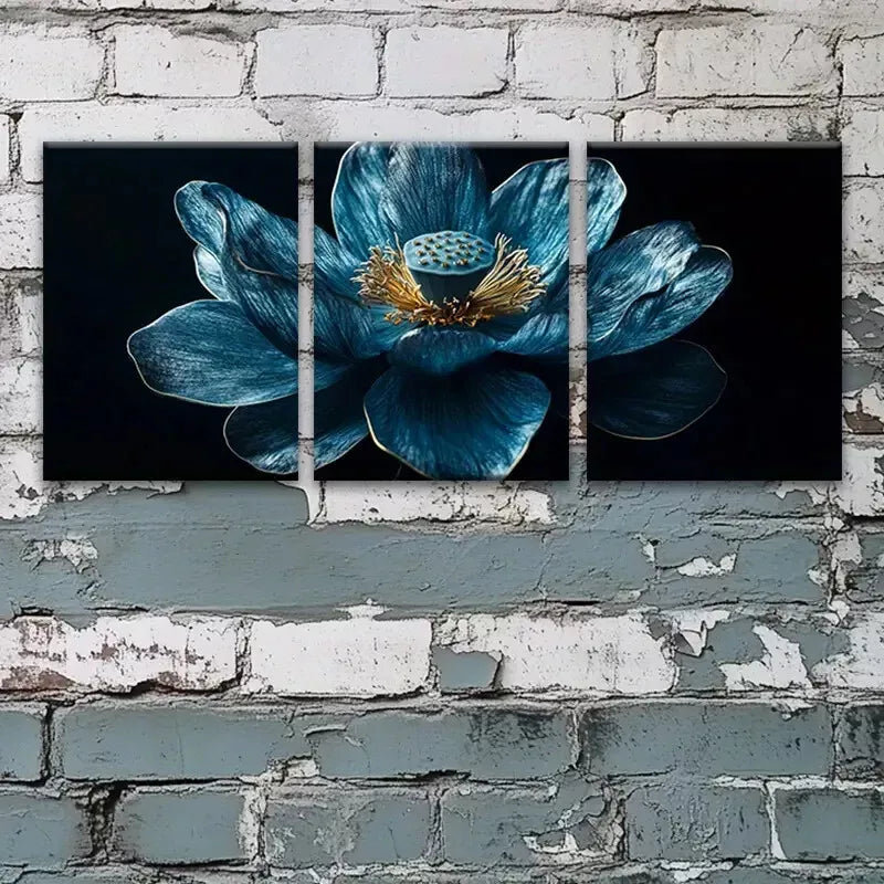 3pcs Blue for Lotus Flower Elegant Floral Design Wall Art Set Canvas Framed 50x70cm - High Quality Print 100% Australian Made Wall Canvas Ready to Hang