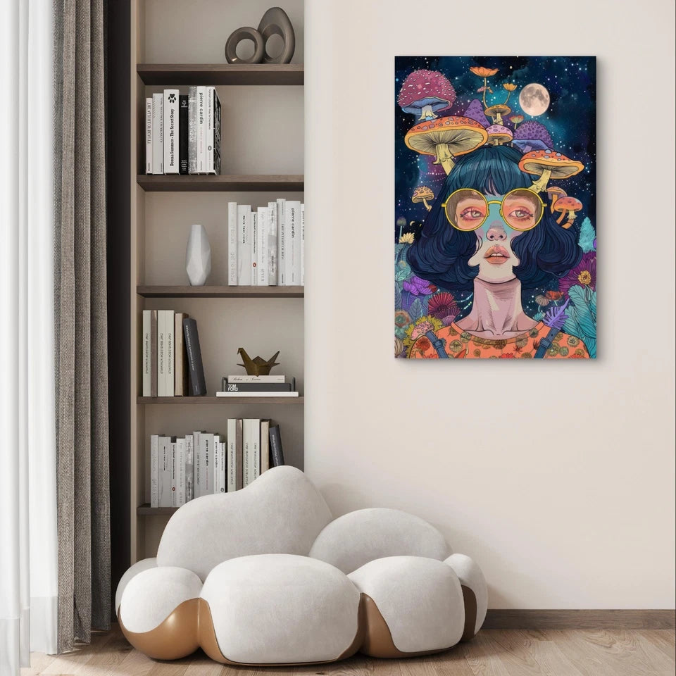 Psychedelic Pop Art Girl Portrait and Mushroom 40x60cm Metal Print Ready to Hang