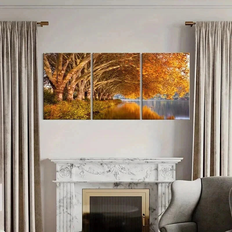 3pcs Featuring a Golden Tree by The Lakeside Wall Art Set Canvas Framed 40x60cm - High Quality Print 100% Australian Made Wall Canvas Ready to Hang