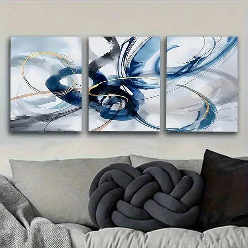 3pcs Blue and Golden Wave Wall Art Set Canvas Unframed - High Quality Print 100% Australian Made Wall Canvas