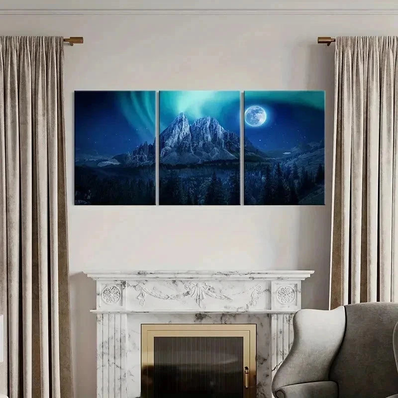 3pcs Mountains Aurora Moon Nature Wall Art Set Canvas Framed 40x60cm - High Quality Print 100% Australian Made Wall Canvas Ready to Hang