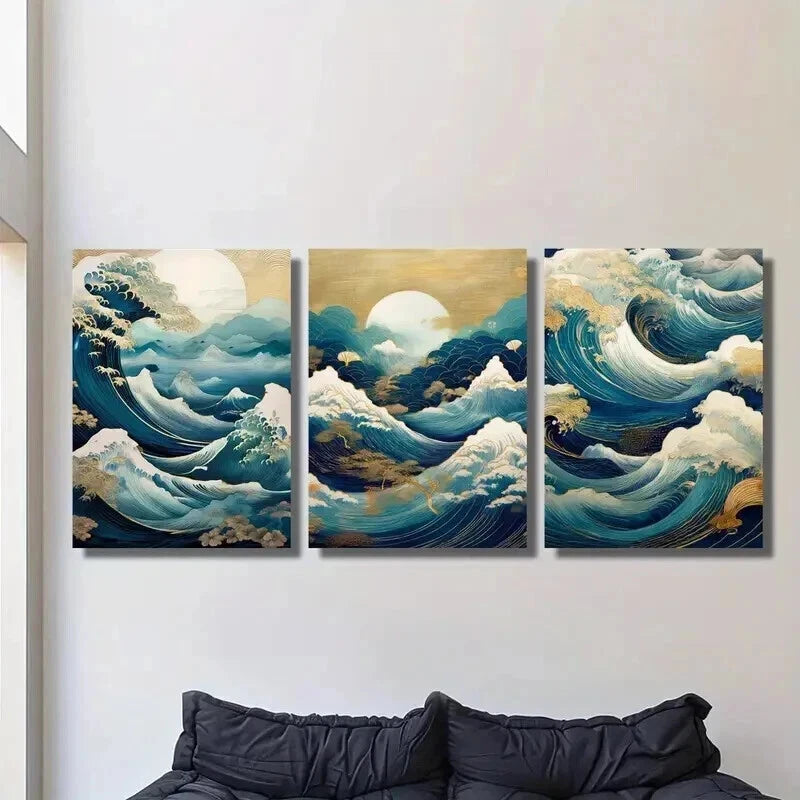 3pcs Moon Viewing & Hokusai Inspired Wave Wall Art Set Canvas Framed 40x60cm - High Quality Print 100% Australian Made Wall Canvas Ready to Hang