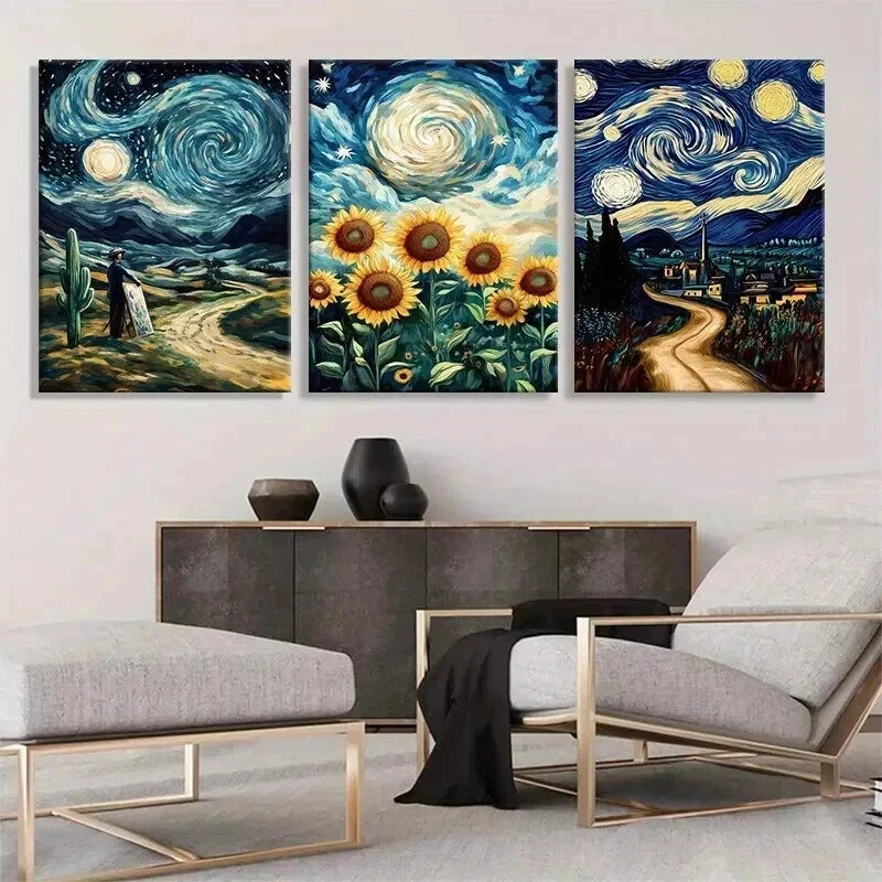 3pcs Starry Night Sunflower Swirl Sky Perfect Wall Art Set Canvas Framed 40x60cm - High Quality Print 100% Australian Made Wall Canvas Ready to Hang