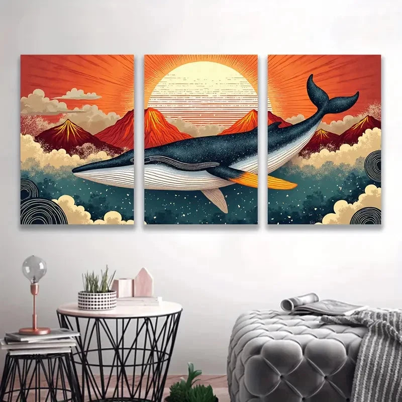 3pcs Whale Jumps in sky painting Wall Art Set Canvas Framed 60x90cm - High Quality Print 100% Australian Made Wall Canvas Ready to Hang