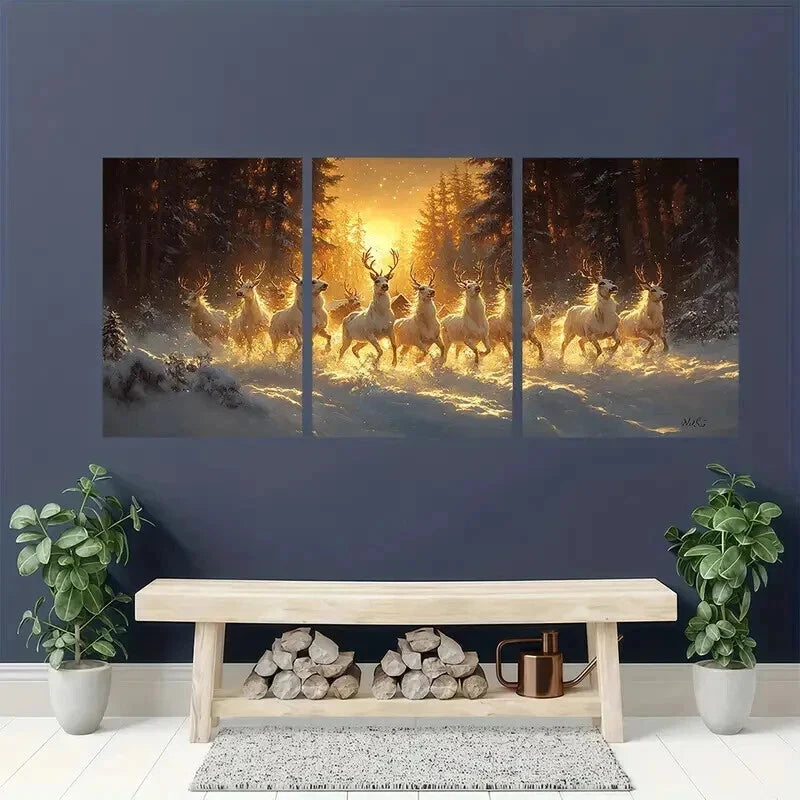 3pcs Charming Winter Village with Snow Deer Wall Art Set Canvas Framed 40x60cm - High Quality Print 100% Australian Made Wall Canvas Ready to Hang