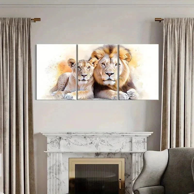 3pcs Retro Animal Art Lion Couple Wall Art Set Canvas Framed 40x60cm - High Quality Print 100% Australian Made Wall Canvas Ready to Hang