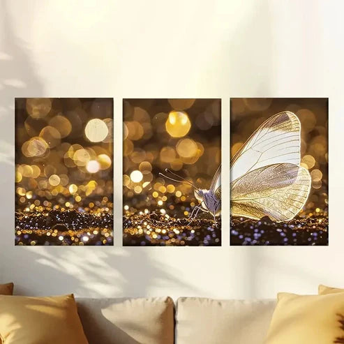 3pcs Golden shining butterfly Wall Art Set Canvas Unframed - High Quality Print 100% Australian Made Wall Canvas