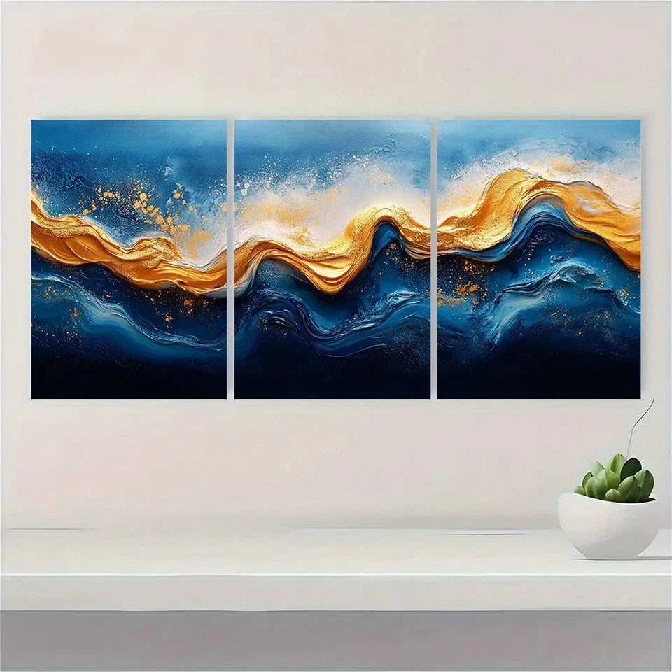 3pcs Modern Abstract Theme Blue and Golden Wall Art Set Canvas Framed 40x60cm - High Quality Print 100% Australian Made Wall Canvas Ready to Hang
