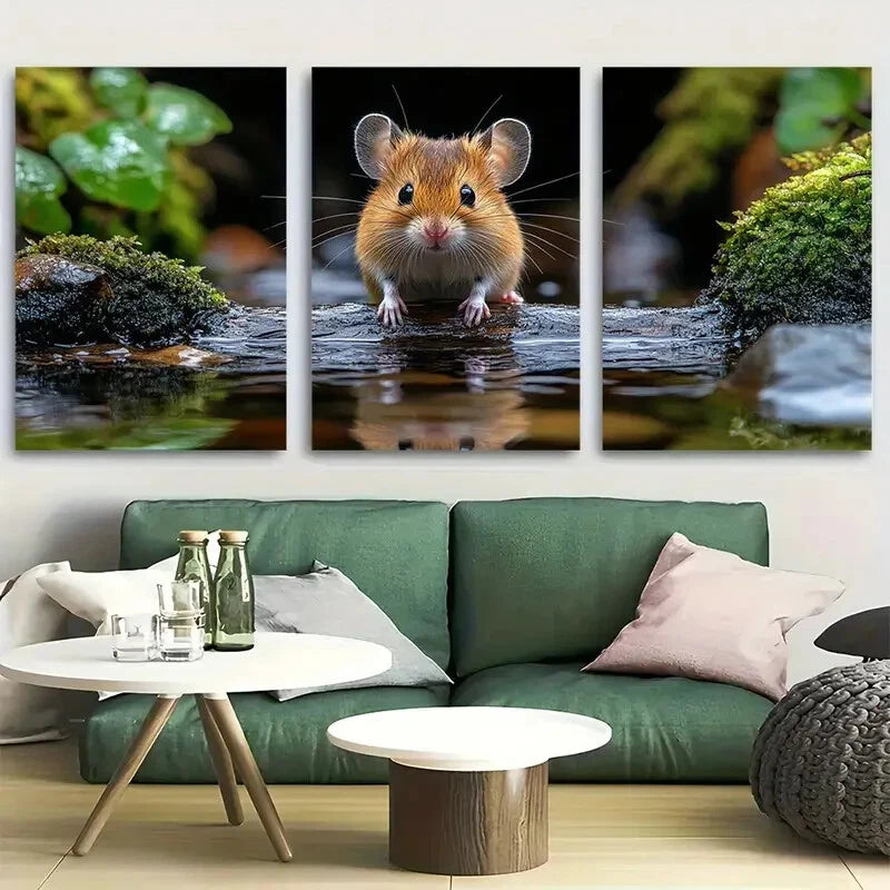 3pcs land Mouse On Log Tranquil Forest Perfect Wall Art Set Canvas Framed 40x60cm - High Quality Print 100% Australian Made Wall Canvas Ready to Hang