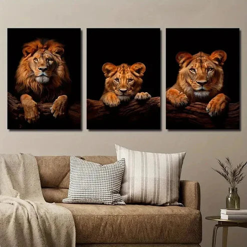 3pcs Lion & Cub Portrait on Dark Background Wall Art Set Canvas Unframed - High Quality Print 100% Australian Made Wall Canvas