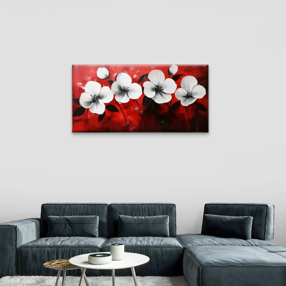 Red White Flowers Floral Wall Art Canvas Office Home Room Framed 120x60cm