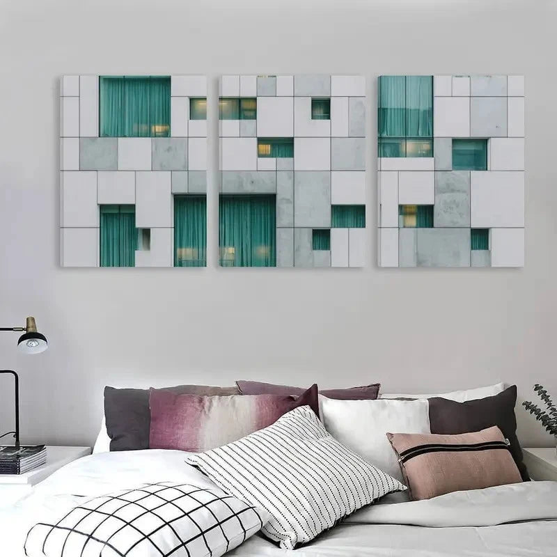 3pcs Building with White and Gray Square Wall Art Set Canvas Framed 60x90cm - High Quality Print 100% Australian Made Wall Canvas Ready to Hang