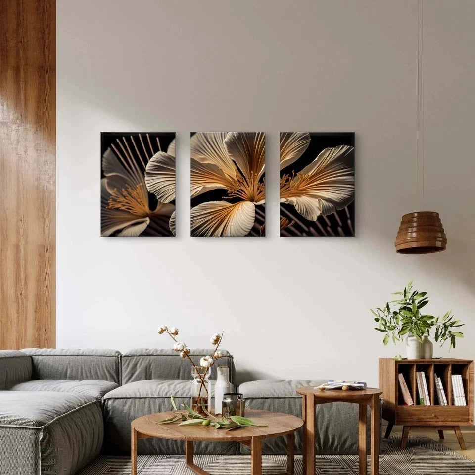 3pcs Elegant Gold and White Floral Wall Art Set Canvas Framed 40x60cm - High Quality Print 100% Australian Made Wall Canvas Ready to Hang