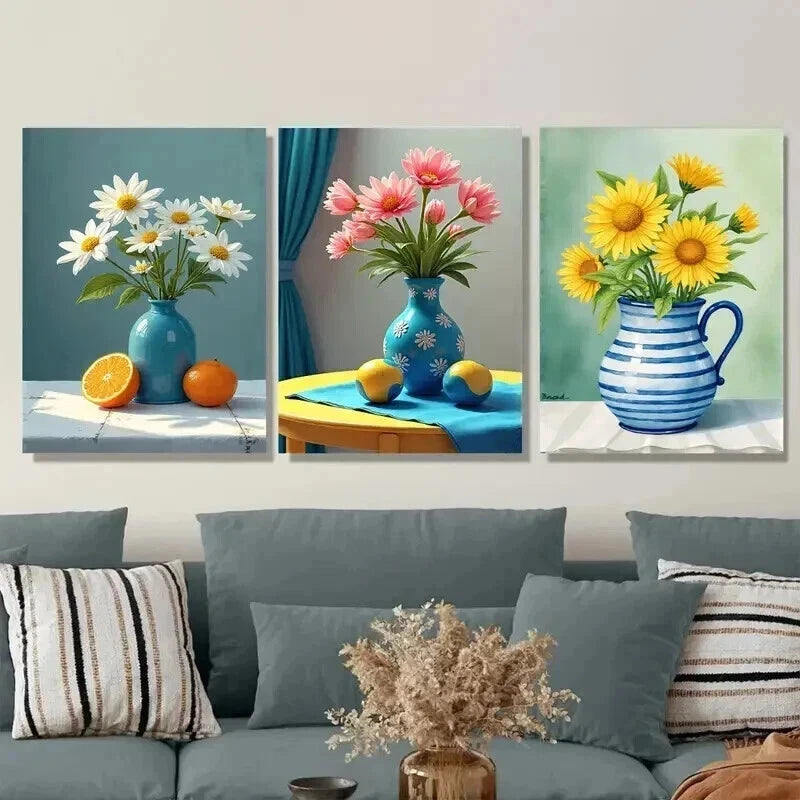 3pcs Beautiful Floral Vibrant Flowers & Fruits Wall Art Set Canvas Framed 50x70cm - High Quality Print 100% Australian Made Wall Canvas Ready to Hang