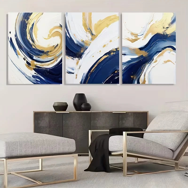 3pcs Navy Blue and Golden Watercolor Shapes Wall Art Set Canvas Framed 60x90cm - High Quality Print 100% Australian Made Wall Canvas Ready to Hang