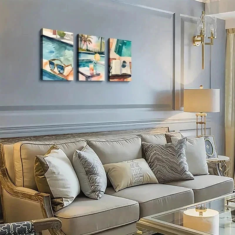 3pcs Swimming Pool Roostertail Wall Art Set Canvas Framed 40x60cm - High Quality Print 100% Australian Made Wall Canvas Ready to Hang