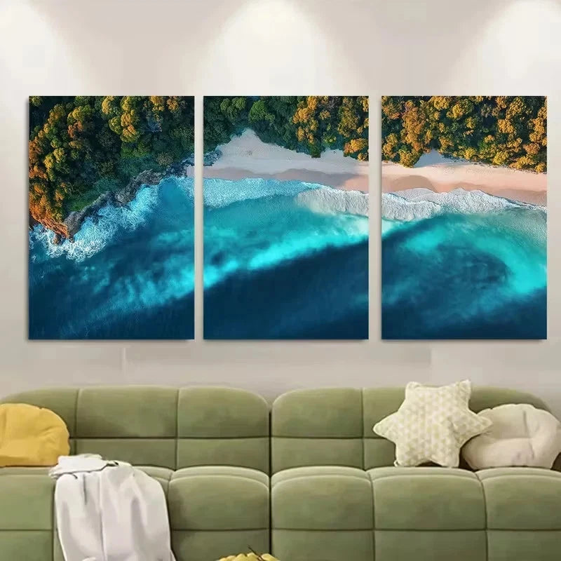 3pcs Abstract Seascape With Vibrant Blues Wall Art Set Canvas Framed 50x70cm - High Quality Print 100% Australian Made Wall Canvas Ready to Hang