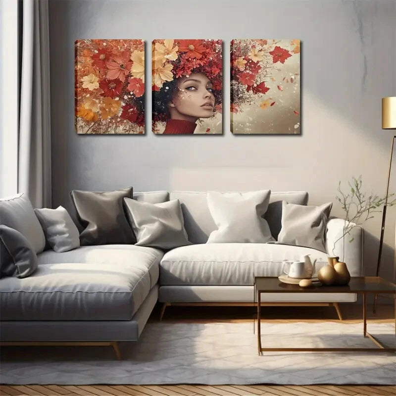3pcs Vibrant Autumn Floral Woman Décor Perfect Wall Art Set Canvas Framed 40x60cm - High Quality Print 100% Australian Made Wall Canvas Ready to Hang