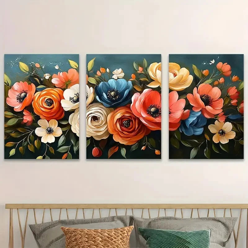 3pcs Bold Floral Bouquet Abstract Perfect Wall Art Set Canvas Framed 40x60cm - High Quality Print 100% Australian Made Wall Canvas Ready to Hang