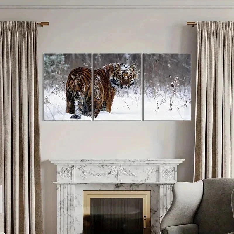3pcs Tiger in Snow Animal Print Decor Wall Art Set Canvas Framed 40x60cm - High Quality Print 100% Australian Made Wall Canvas Ready to Hang