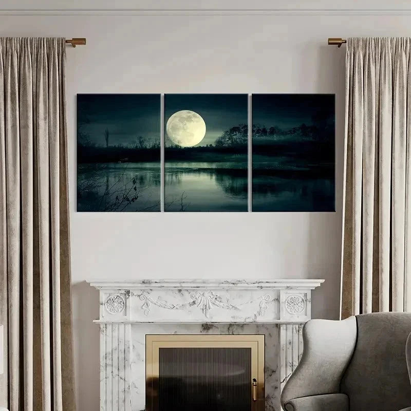 3pcs Full Moon at Night Scene Decoration Wall Art Set Canvas Framed 40x60cm - High Quality Print 100% Australian Made Wall Canvas Ready to Hang