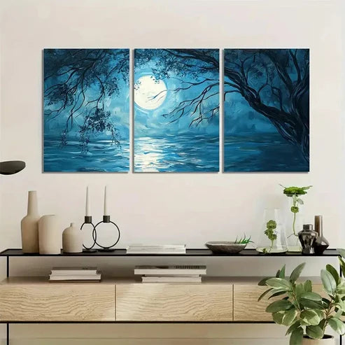 3pcs Blue Landscape with Full Moon & Trees Wall Art Set Canvas Unframed - High Quality Print 100% Australian Made Wall Canvas