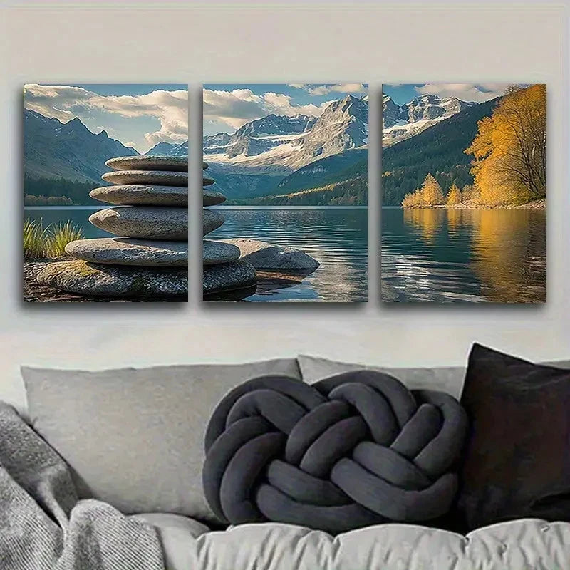 3pcs Mountain Lake Serenity Poster Wall Art Set Canvas Framed 50x70cm - High Quality Print 100% Australian Made Wall Canvas Ready to Hang