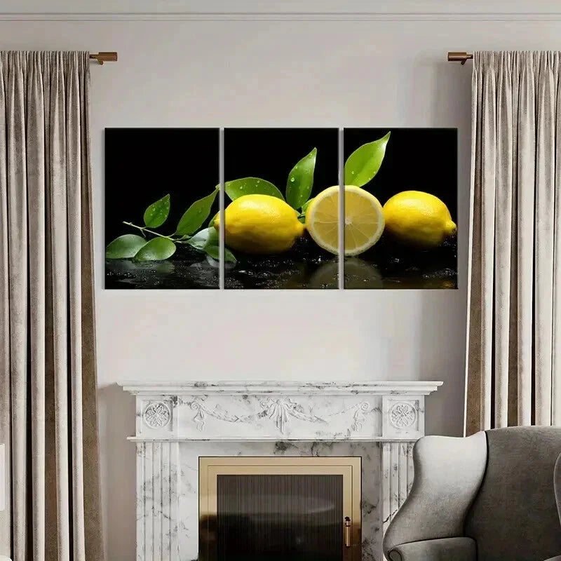 3pcs Vibrant Lemon & Green Leaf Design Wall Art Set Canvas Framed 40x60cm - High Quality Print 100% Australian Made Wall Canvas Ready to Hang