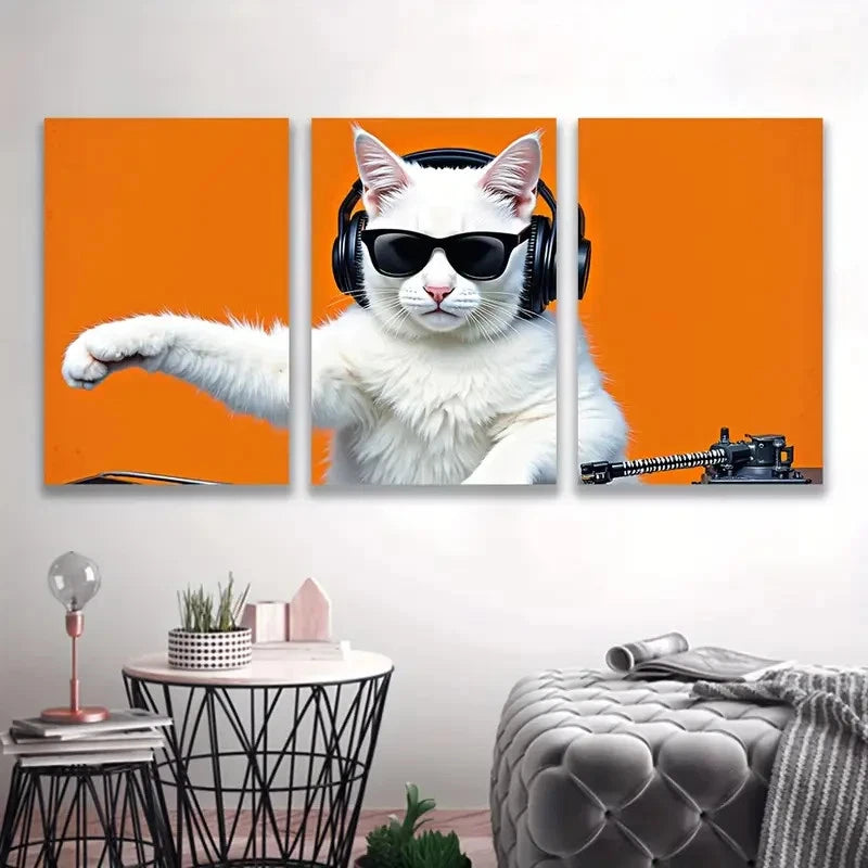 3pcs Turkish Angora cat with Fashion Glasses Wall Art Set Canvas Framed 40x60cm - High Quality Print 100% Australian Made Wall Canvas Ready to Hang