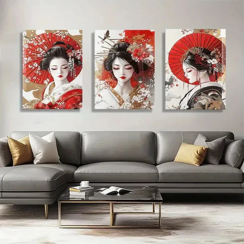 3pcs Women Red Umbrellas Elegant Geisha Perfect Wall Art Canvas Unframed - High Quality Print 100% Australian Made Wall Canvas