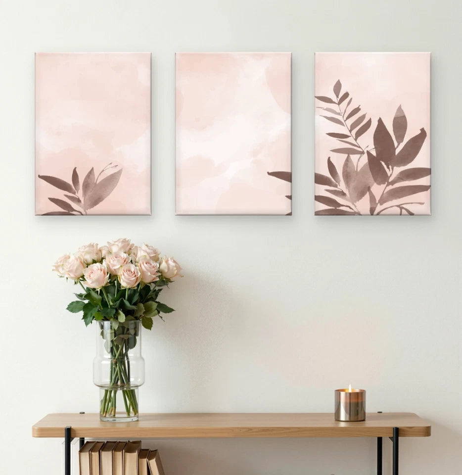 3pcs Neutral Pastel Pink and Brown Leaves Wall Art Set Canvas Framed 60x90cm - High Quality Print 100% Australian Made Wall Canvas Ready to Hang