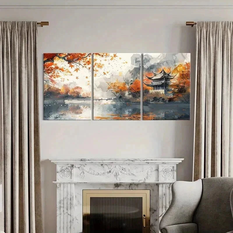 3pcs Autumn Scenery with Pagoda & Mountain River Wall Art Set Canvas Framed 40x60cm - High Quality Print 100% Australian Made Wall Canvas Ready to Hang
