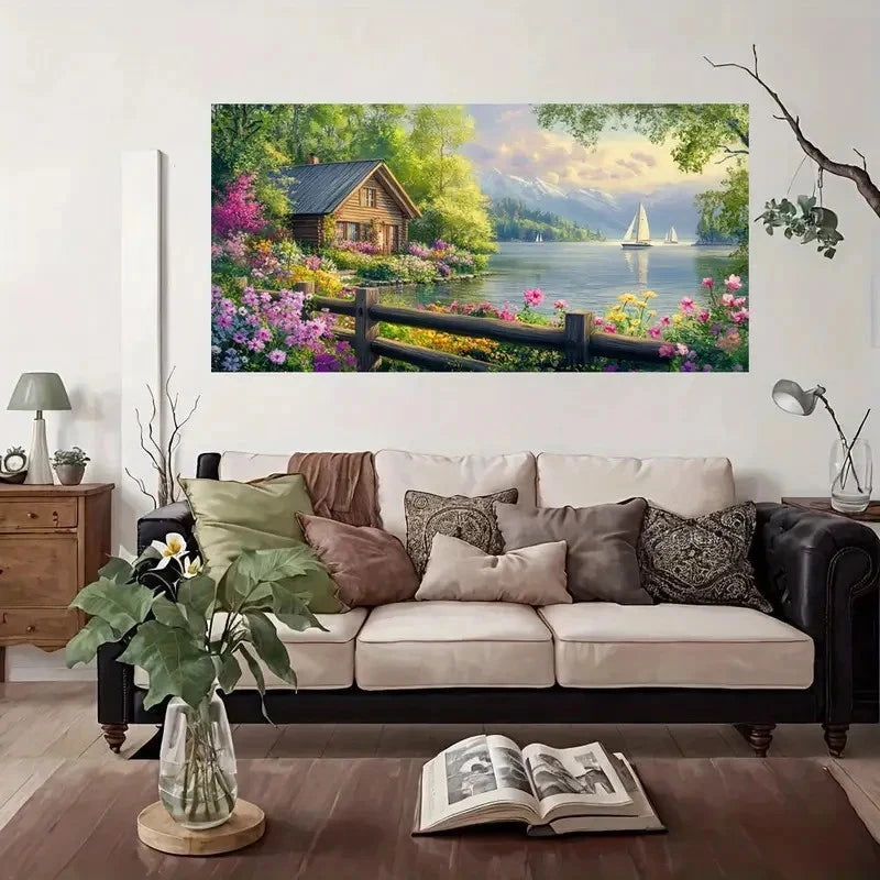 Minimalist Lakeside Houses Wall Art Canvas Office Home Room Framed 120x60cm