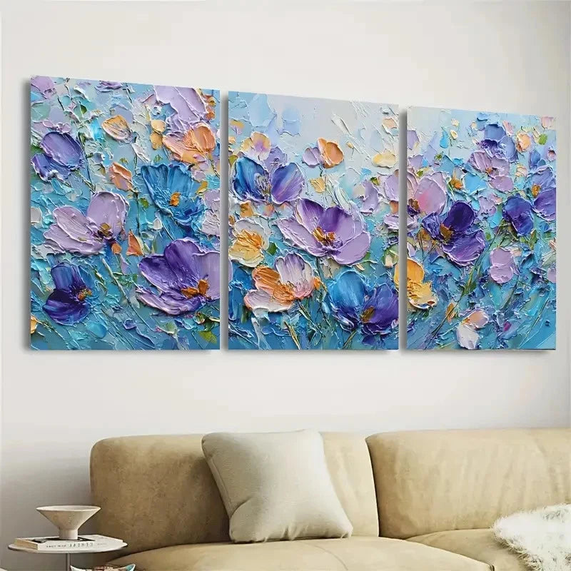 3pcs Flower Floral Art Blue Impasto Wall Art Set Canvas Framed 40x60cm - High Quality Print 100% Australian Made Wall Canvas Ready to Hang