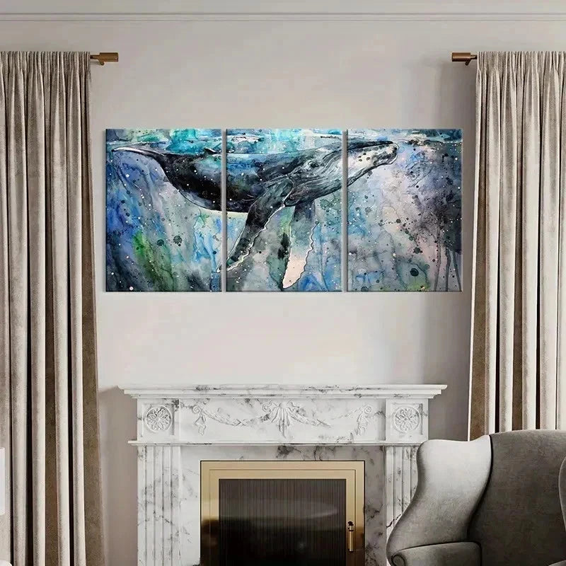 3pcs Sea Life Mammals Whales Splash Ink Wall Art Set Canvas Framed 40x60cm - High Quality Print 100% Australian Made Wall Canvas Ready to Hang