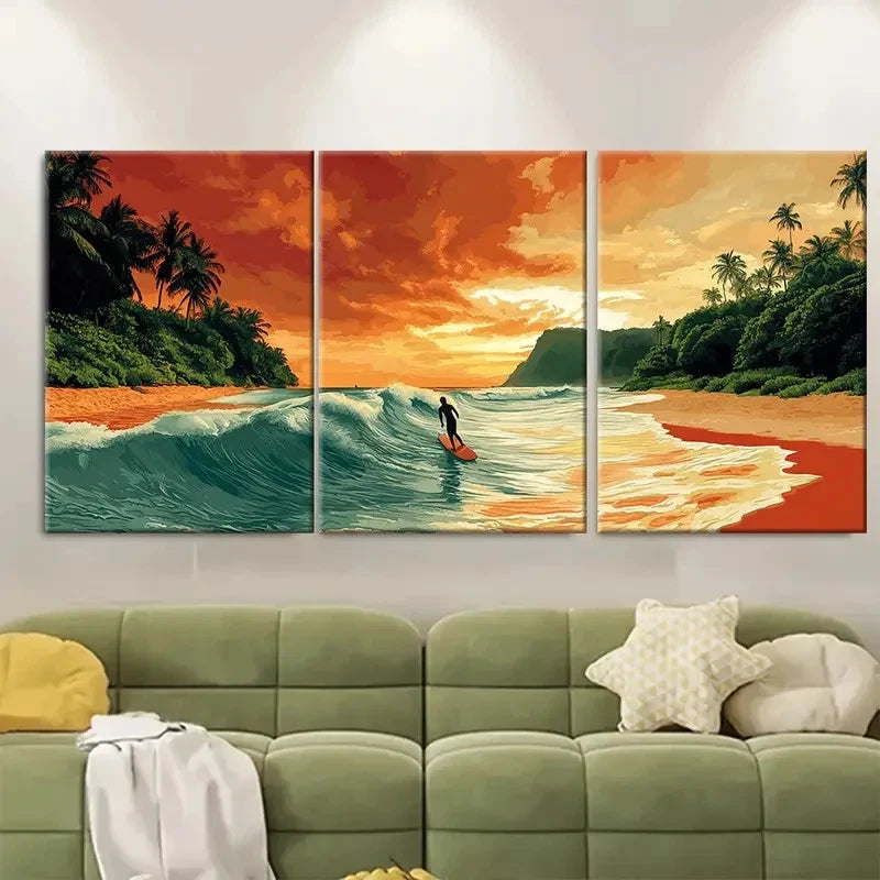 3pcs Vibrant Sunset & Palm Tree Scenery Metal Print Ready to Hang Art