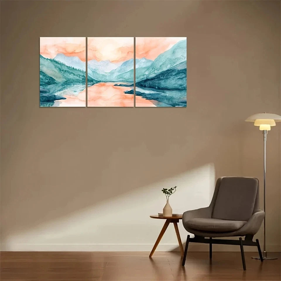 3pcs Summer Mountain Streams Peach & Aqua Metal Print Ready to Hang Art