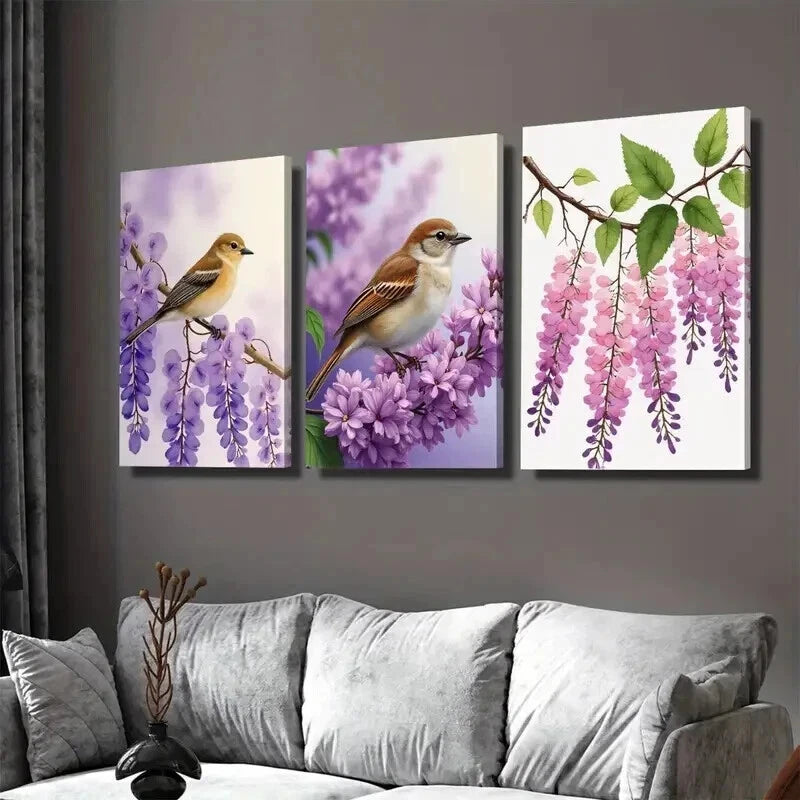 3pcs Beautiful Bird and Flower Purple Floral Wall Art Set Canvas Framed 40x60cm - High Quality Print 100% Australian Made Wall Canvas Ready to Hang