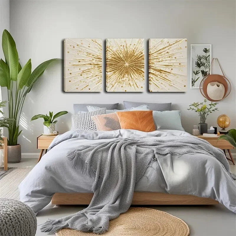 3pcs Golden Lines Radiating Outwards Perfect Wall Art Set Canvas Framed 40x60cm - High Quality Print 100% Australian Made Wall Canvas Ready to Hang