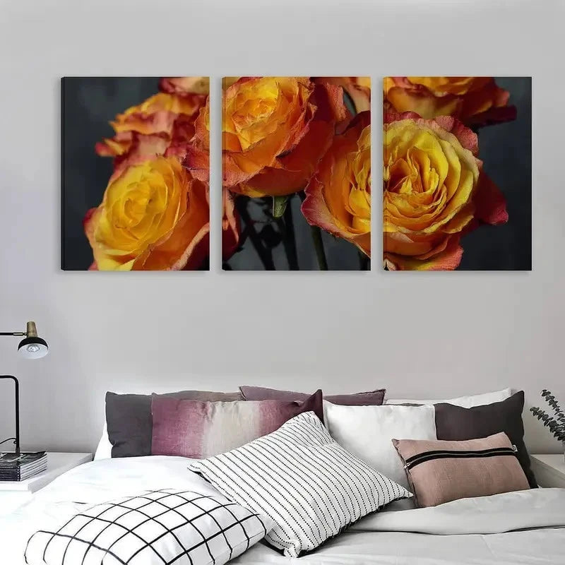 3pcs Bouquet of Roses with Orange and Yellow Wall Art Set Canvas Framed 60x90cm - High Quality Print 100% Australian Made Wall Canvas Ready to Hang