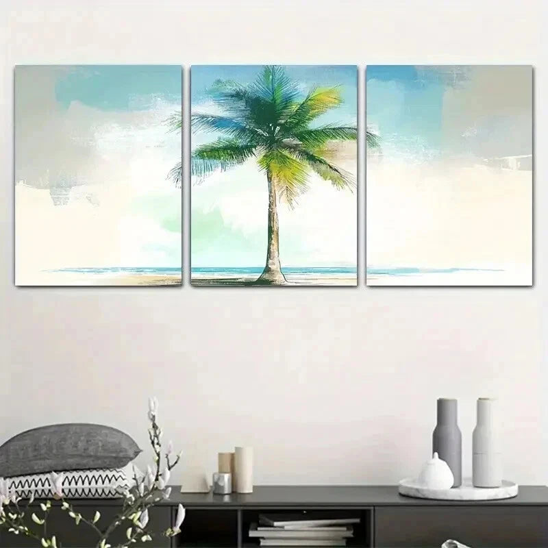 3pcs Palm Tree and Ocean View Tropical Scene Wall Art Set Canvas Framed 40x60cm - High Quality Print 100% Australian Made Wall Canvas Ready to Hang
